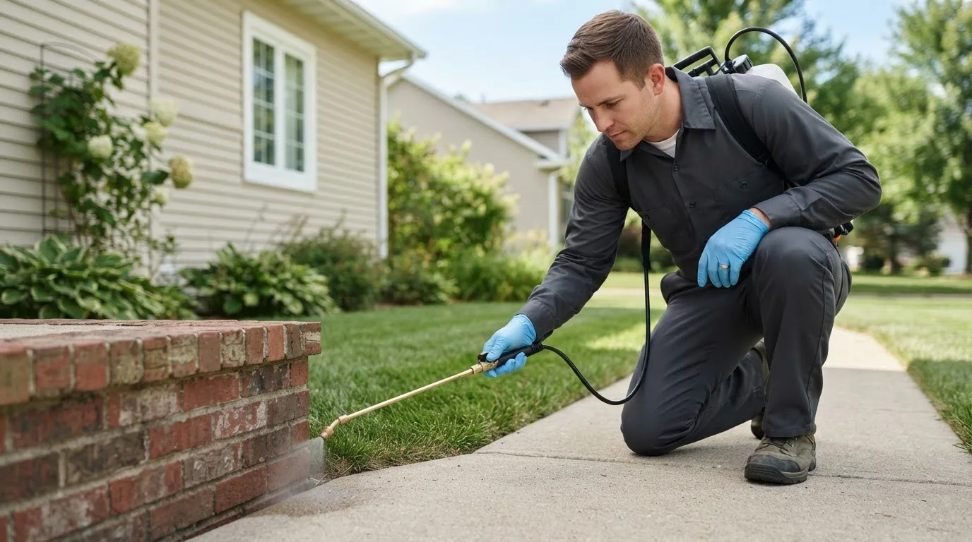 Pest control technician treating a home near Fairview, OK