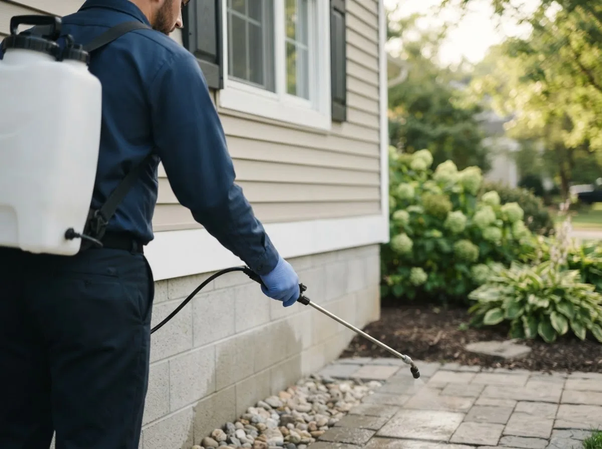 Pest control technician inspecting a home in Fairview, OK